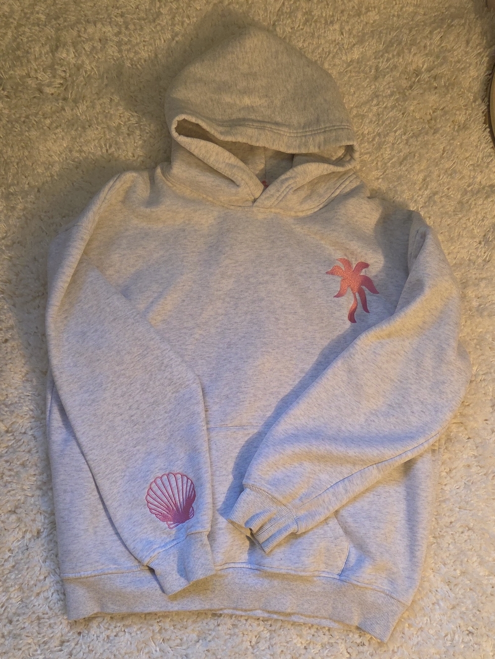 Pink Palm Puff Grey Graphic Pullover Hoodie - Size M